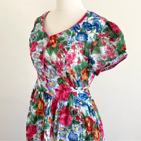 Vintage 1980s Floral Front Button Maxi Dress L Cotton100% Lined Pink Beautiful - Picture 5 of 11